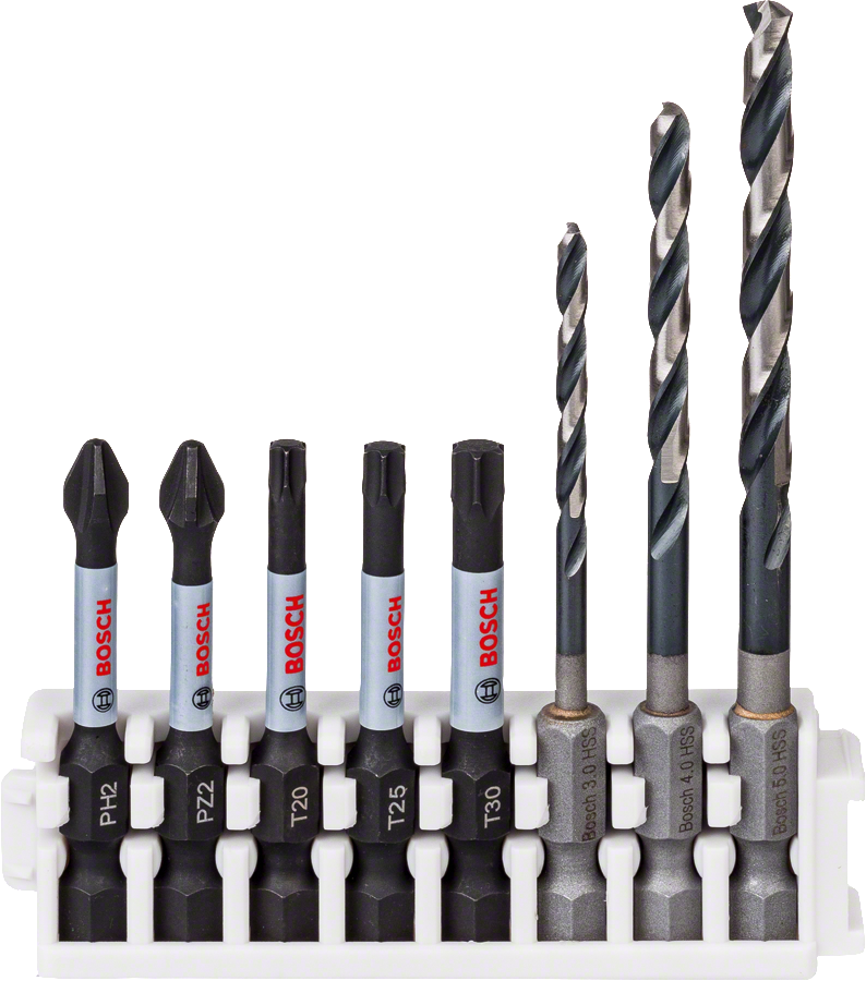 Bosch HSS lööktrelli ja puurikomplekt PH2, PZ2, T20, T25 ja T30 otstega.